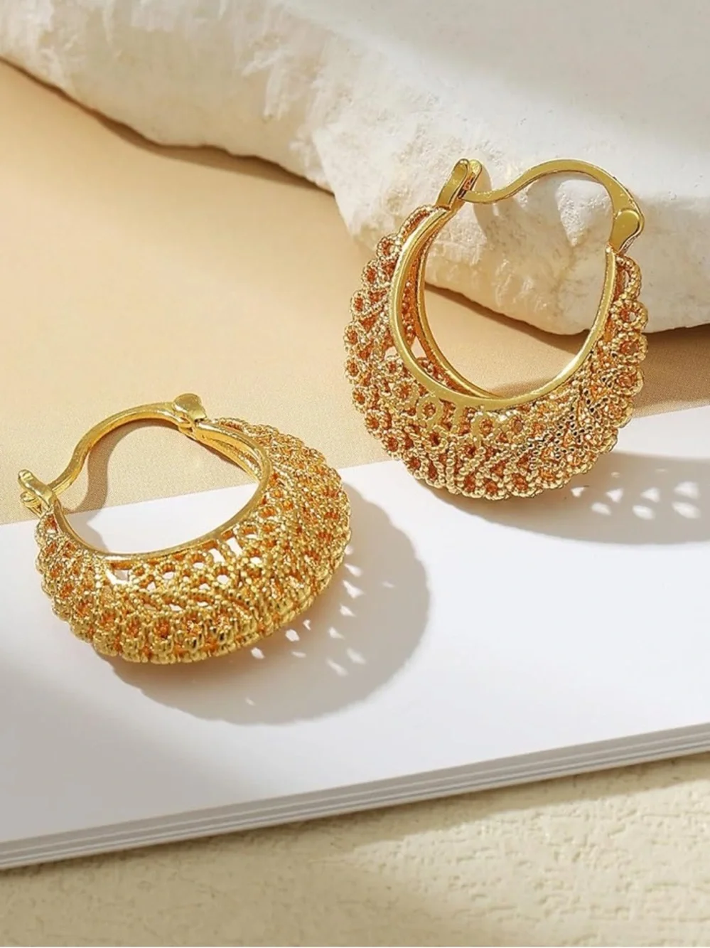 Gold Textured Hoop Earrings - Women's Jewelry